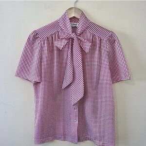 Pink Vintage Houndstooth Women's Top Button Down with Bow